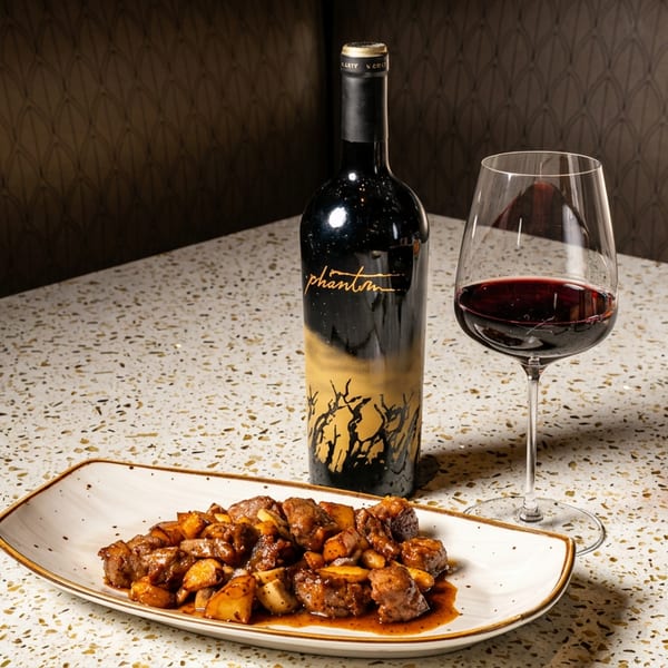 Plate of meat and potatoes, Phantom wine bottle, and red wine glass on a speckled table.
