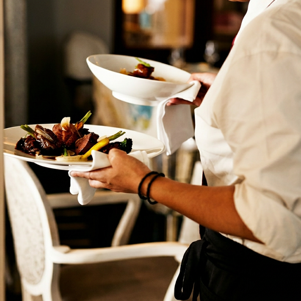 Server in a white shirt and black apron carries two plates of beautifully plated food.