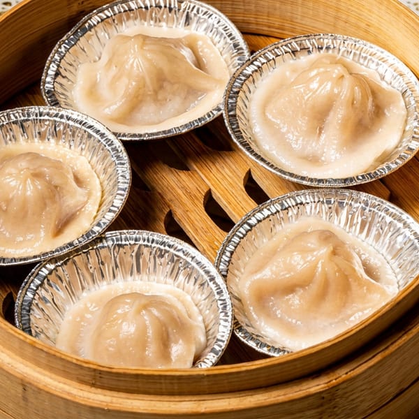 Five soup dumplings in foil cups within a bamboo steamer basket.